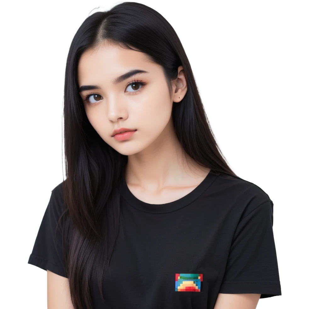 white girl, black long straight hair, brown eyes, dark eyebrows, small lips, black t-shirt emoji