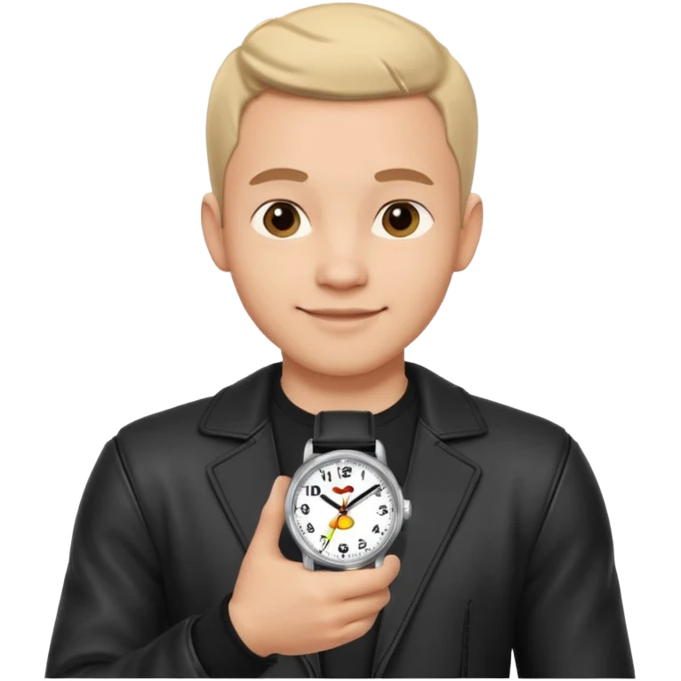 man wearing a black strap watch portrait, head and shoulders only, round face, soft jawline, friendly smile, black leather strap watch visible, 3D cartoon, mobile game icon style, clean background, no text, no watermark emoji
