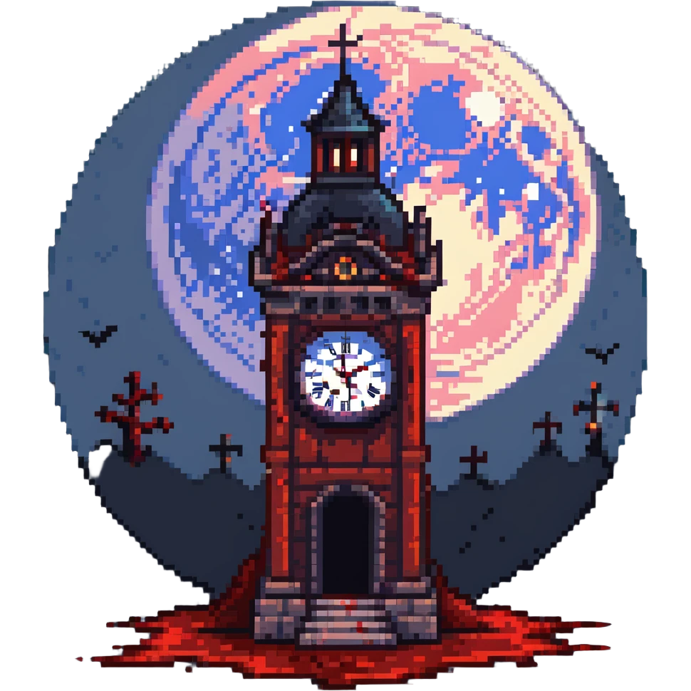 Haunted clocktower with red blood splattered on it, full moon background emoji