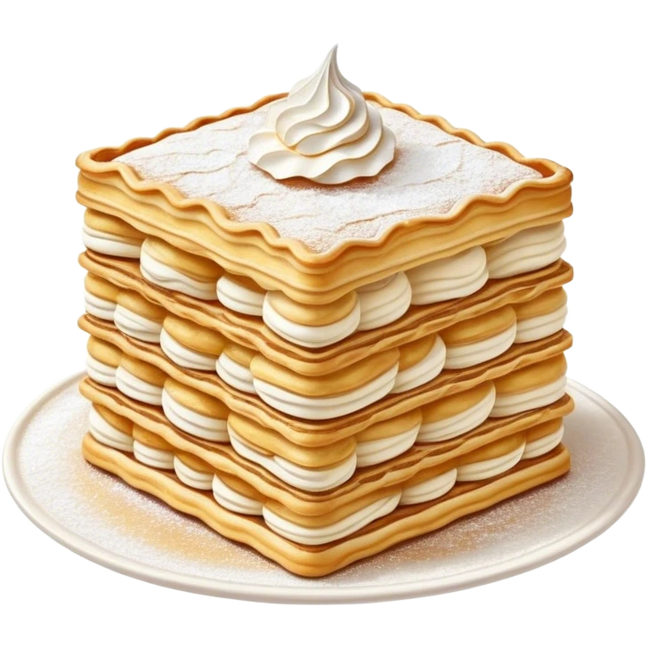 Cinematic Realistic Mille-Feuille Dessert Emoji, depicted as layered puff pastry with rich cream and a dusting of powdered sugar rendered with intricate textures and elegant, soft lighting. emoji