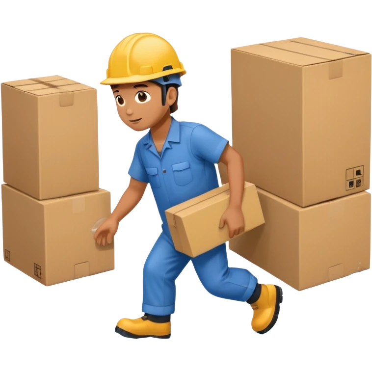 Animación educativa sobre un accidente laboral en un entorno industrial. Un trabajador de fábrica, con casco pero sin otros elementos de protección personal, resbala en un piso mojado y cae al suelo mientras transporta una caja. emoji