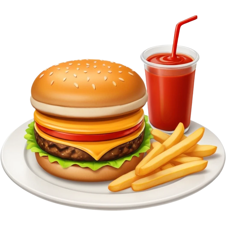 i want a Cheeseburger and Fries with a angle to 15–20° gentle bird’s-eye angle with 2white and red Sause on white plate  emoji