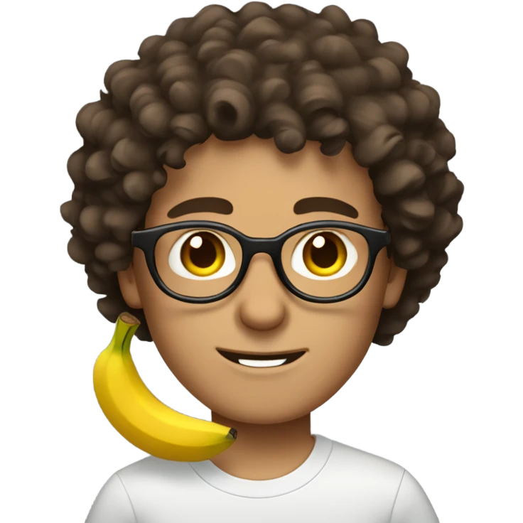 Curly dark brown hair guy with brown eyes and light brown round glasses. Holding a banana emoji