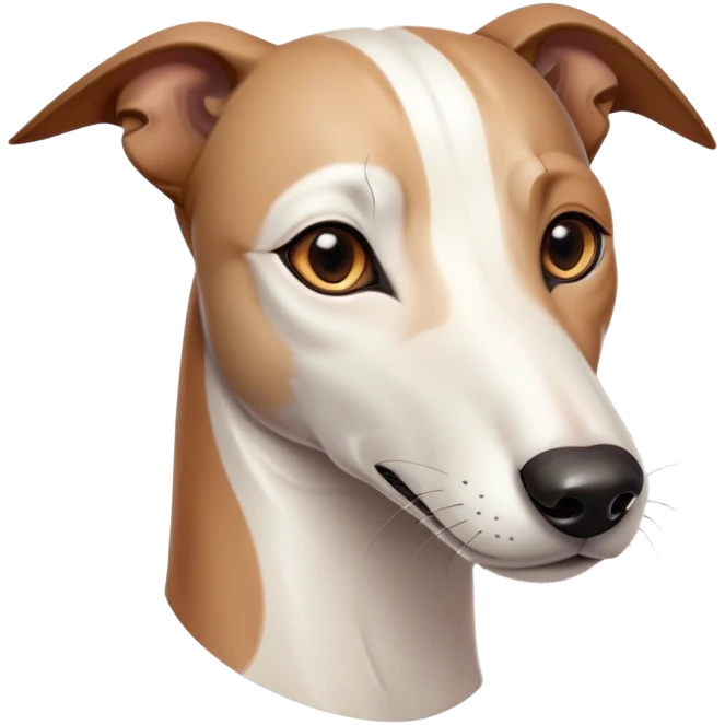 Cinematic Noble White and Brown Greyhound Portrait Emoji, Poised and regal, with a slender, aerodynamic build and a sleek Fur of pristine white accented by warm brown markings, deep-set soulful eyes, Simplified yet sharp and sophisticated features, highly detailed, glowing with a soft, dignified glow, high shine, intelligent and agile, stylized with an air of elegance, focused and attentive, soft glowing outline, capturing the essence of a watchful and swift companion, so majestic it feels as though it could dash out of the screen with effortless authority! emoji