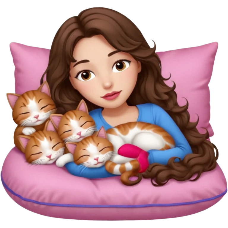 girl with long wavy brown hair, brown eyes, long lashes makeup, sexy pink lips, light to medium complexion, sleeping on a cozy pillow with 6 cats emoji