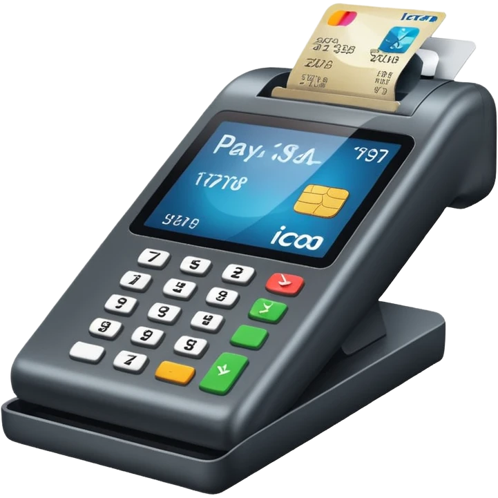 Icono de una terminal de pago con una tarjeta PAGANDO POS emoji