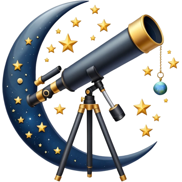 An icon featuring a telescope, stars, and a planet, symbolizing astronomy. The design includes a crescent moon, distant galaxies, and constellations, representing the study of space and celestial bodies. Transparent background highlights the exploration of the universe and cosmic phenomena. emoji