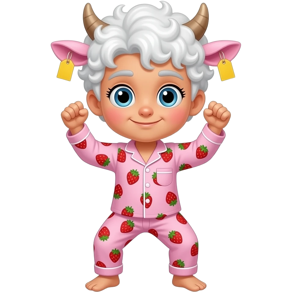 white-haired curly anime guy with long white eylashes with cow horns and pink cow ears with yellow tags in both cow ears poses in caramel dance pose with his fists up to his head with red blush on his cheeks in pink pajamas with strawberries emoji