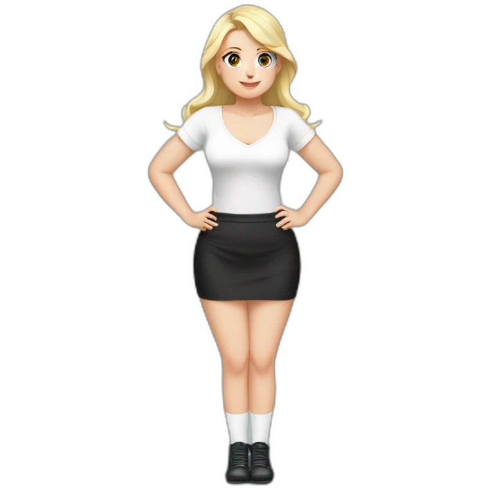 Front view full body curvy caucasian beauty sitting straight hands up black skirt white knickers white socks emoji