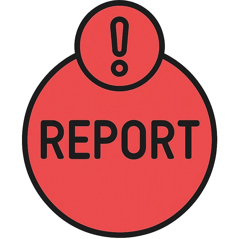 the word REPORT in all caps, inside a red circle, with a red exclamation mark above it, the exclamation mark is also inside a red circle, everything is red emoji