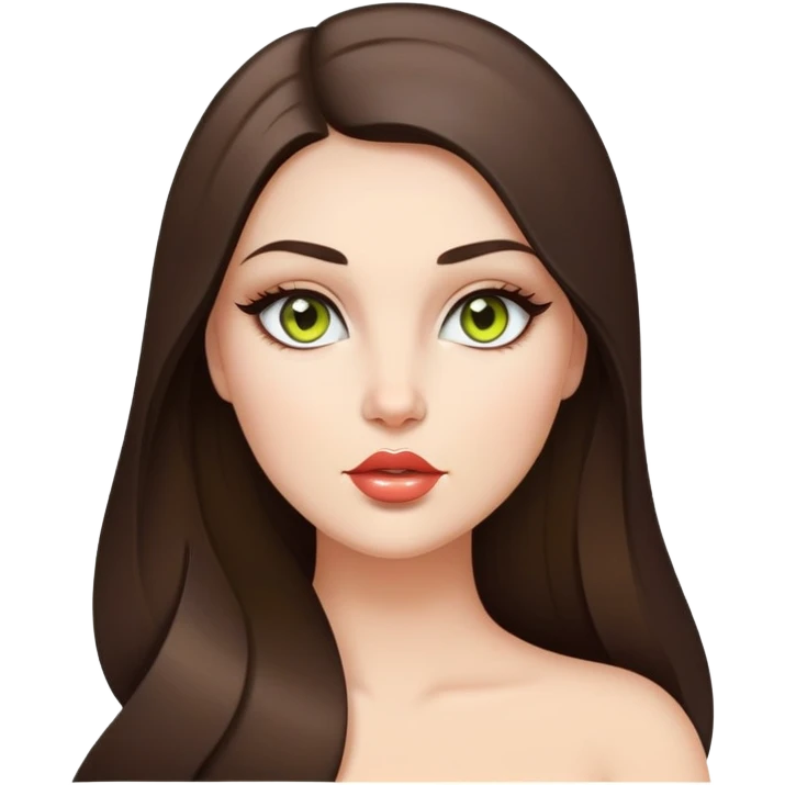 Curvy but beautiful brunette girl, chartreuse eyes, pin straight super long hair, modern style and glossy lips emoji