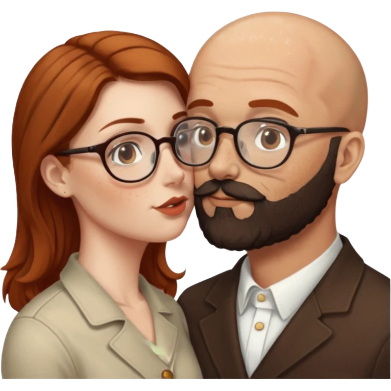 Couple. Bald man with dark brown-black beard. White woman with many small, faded freckles, she has white skin and she has auburn-brown-cinnamon, dark long hair. She has light brown eyes. The man have hazel eyes and glasses. Retro style. She kisses him. emoji