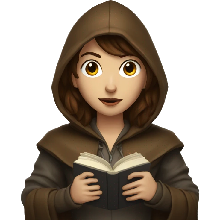 human rogue with brown hair holding a book wearing a hood emoji