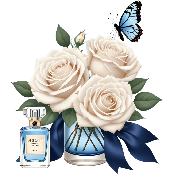 A bouquet of pale blue Ascott tea roses next to a navy aesthetic and a blue beautiful butterfly and a navy silk ribbon and a beautiful flacon of aesthetically pleasing vintage-style perfume in pearl color emoji