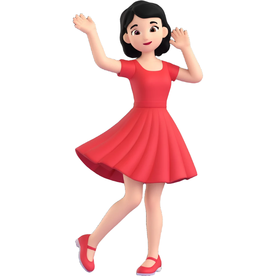Lilo-inspired girl, 3D style, red dress, black hair, playful pose emoji