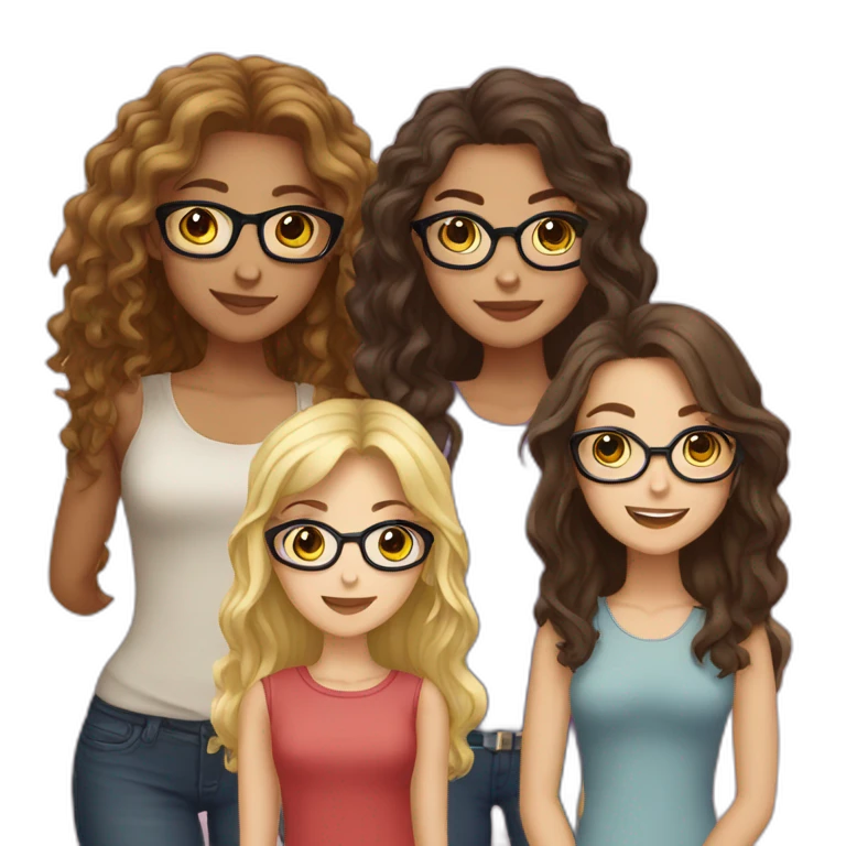Five girls, one of them blonde with glasses, one brunette with glasses, one brunette with curly hair, another brunette with long hair, one blonde with straight hair emoji