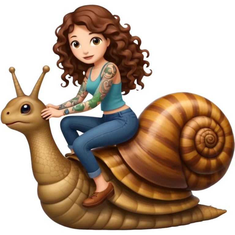 cute woman long curly brown hair tattoos riding giant snail emoji