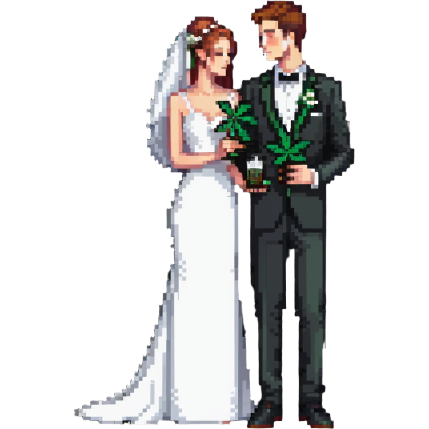A bride in white wedding dress and groom in tuxedo, full body, sharing cannabis, wedding couple emoji