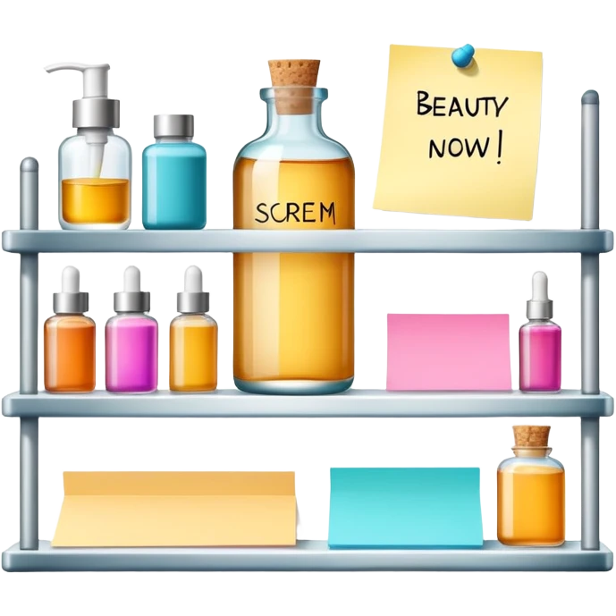 big shelf with one beauty serum, large sticky note with 'reorder now!' text emoji