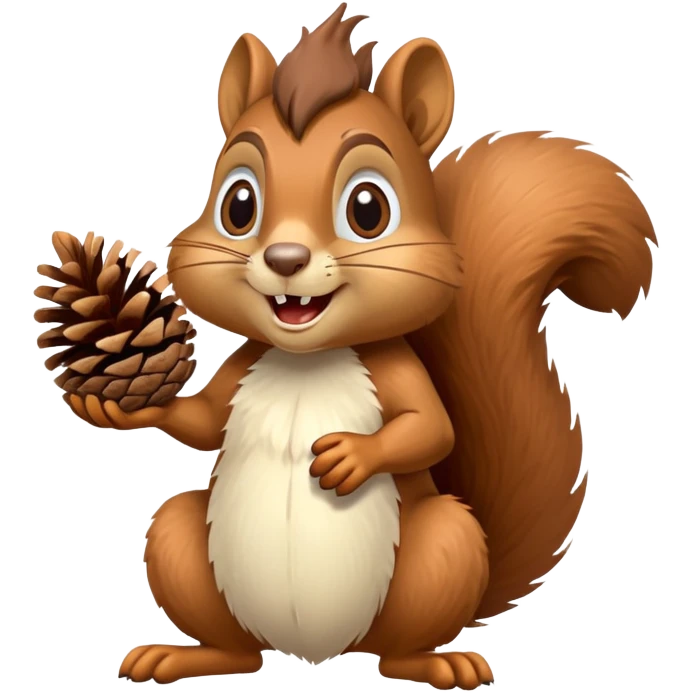 A greedy squirrel with a large pine cone balanced on its head, making a weird facial expression, wide eyes, and mischievous grin emoji
