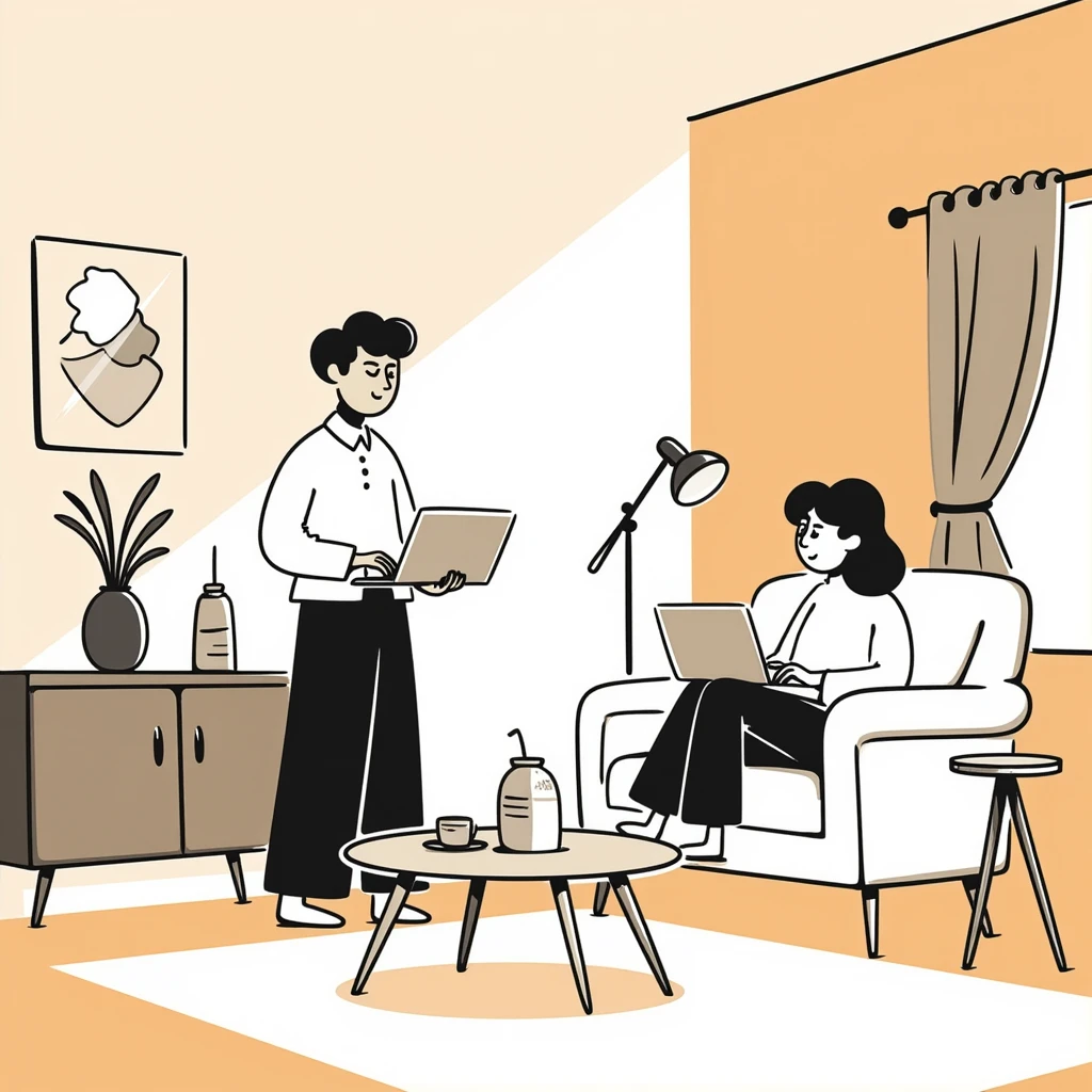 escenary 3d of a cozy mid-century living room with two people working on laptops, one man standing at a desk and one woman sitting on a couch, warm tones, two walls and floor visible emoji
