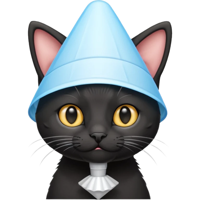 A mostly black kitten with a white chest and a plastic cone on around his head after surgery emoji