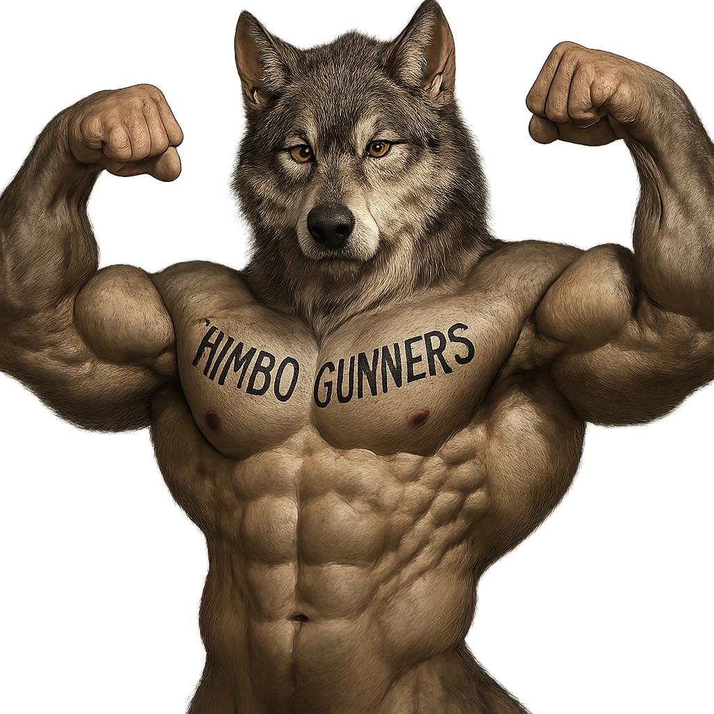 hyper-realistic, extremely muscular wolf furry, shirtless, 'Himbo Gunners' tattoo across chest, flexing, focused and strong emoji