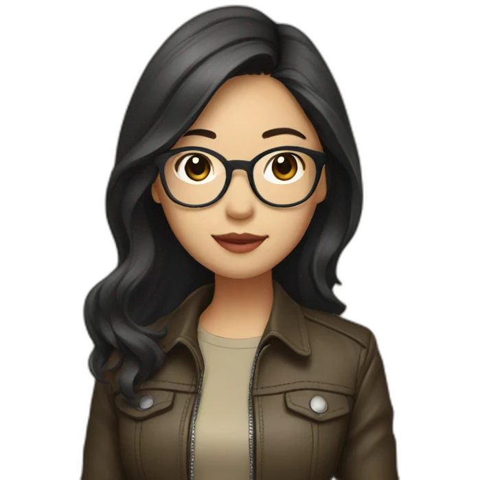 asian girl with glasses and a leather jacket with a  khaki shirt and long dark hair emoji