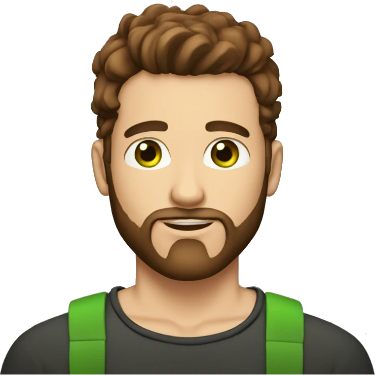 a guy with brown hair, a beard, green eyes, tattoos on his neck and hands emoji