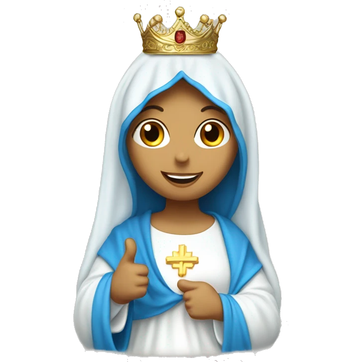 blessed virgin mary with one hand thumb up, with blue veil and white clothes, with crown, with halo emoji