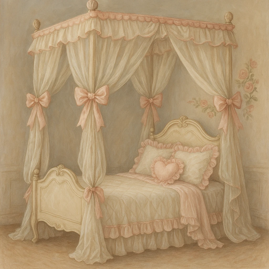 a charming bed with a canopy, ribbons, and delicate coquette details, romantic and whimsical emoji