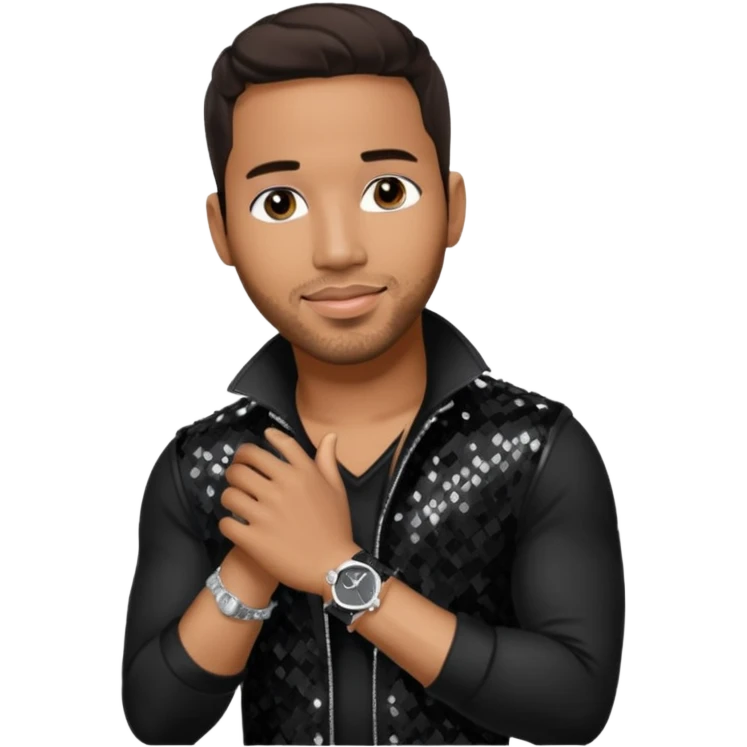 Romeo Santos with dark brown hair, black sequin outfit emoji