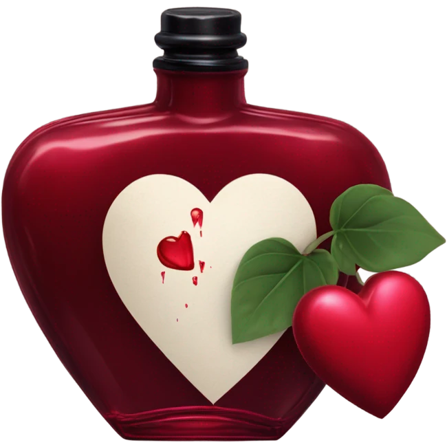 Dark red aesthetic perfume bottle with red bleeding hearts and an ink bottle emoji