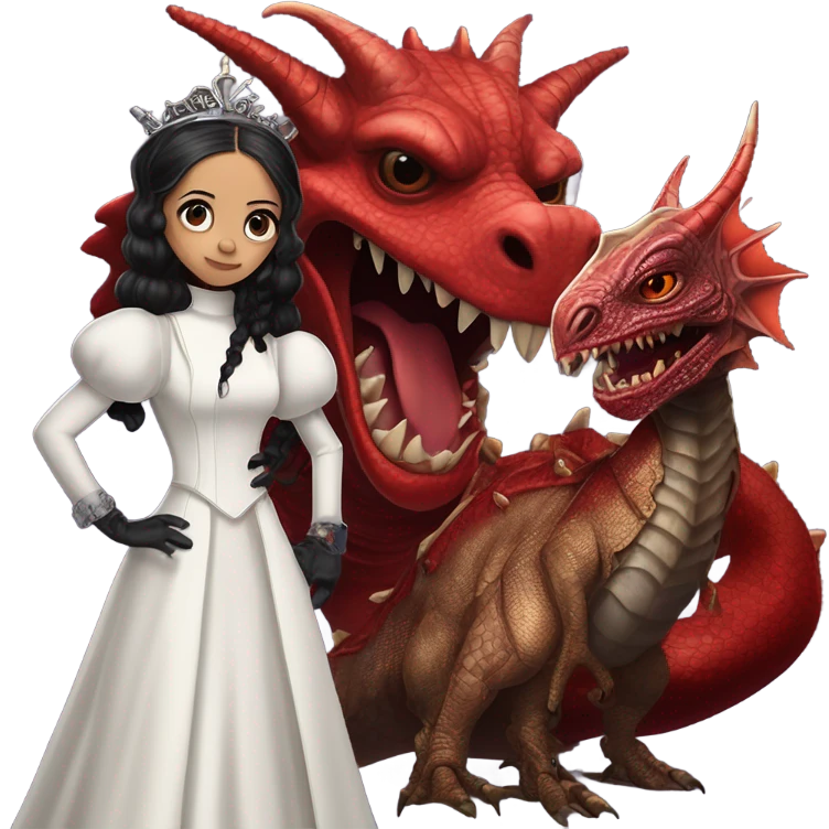 surprised Lavish Victorian evening gown with gloves, Jenna Ortega as Addams girl Jedi wearing a steampunk mini tiara, standing next to a very large blood red evil-looking horned dragon emoji