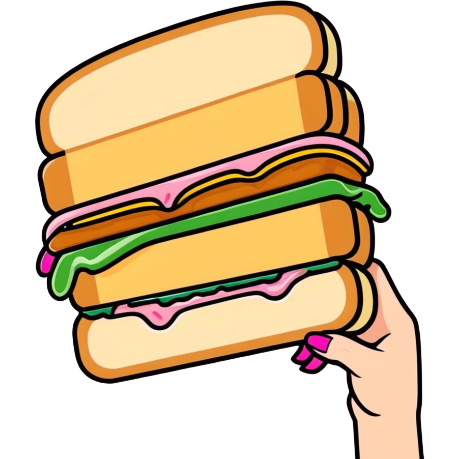 cartoon style sandwich with fillings spilling out, bitten on one side, held by a hand with pink nails emoji