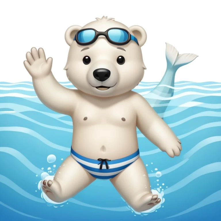 friendly anthropomorphised polar bear swimming in a wide pool scene, wearing striped swim trunks and snorkel gear emoji