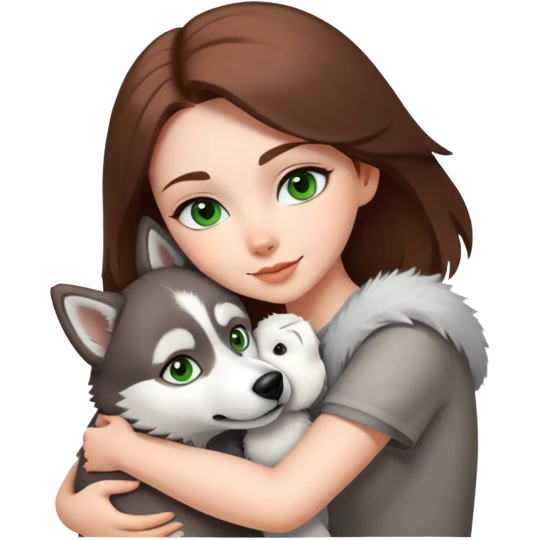 White girl white Green eyes and brown hair make a hug to a husky white ans grey white brown eyes  emoji