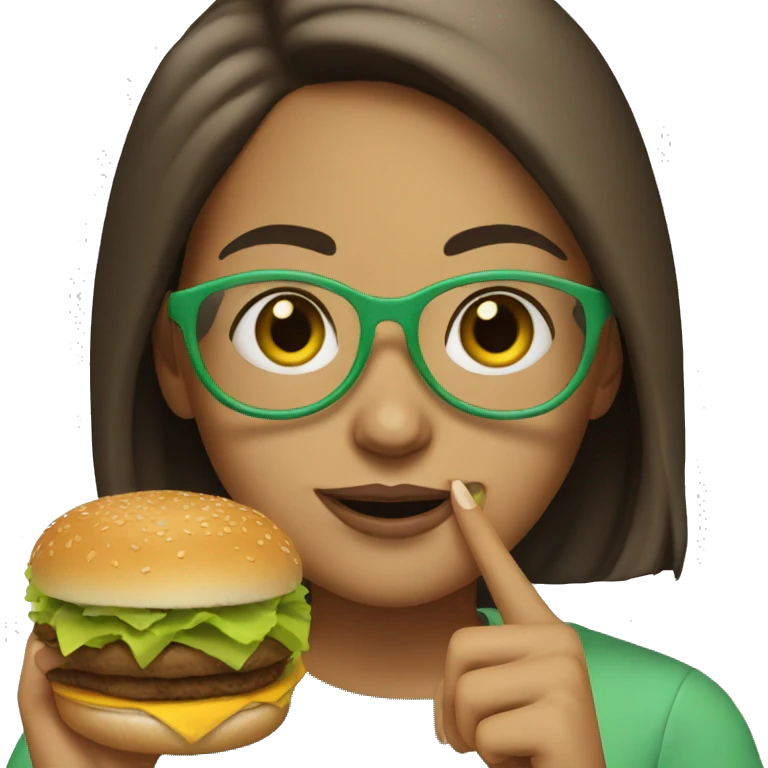 a girl with straight brown hair. she has light green glasses. she is eating a burger emoji