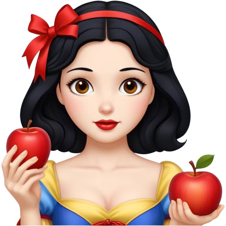 Cinematic Realistic Snow White Portrait, depicted with lifelike skin texture, soft natural lighting, and intricately detailed black hair styled with a red ribbon. Her soft brown eyes radiate innocence and kindness, complemented by a warm, gentle smile. She holds an apple in one hand, her other hand resting against her cheek, embodying her purity and charm. She is dressed in her classic yellow, blue, and red gown, the fabric rich in texture with delicate folds that catch the light beautifully. The portrait features a soft, natural glow with a radiant finish, capturing the essence of timeless beauty in a realistic and painterly style. emoji