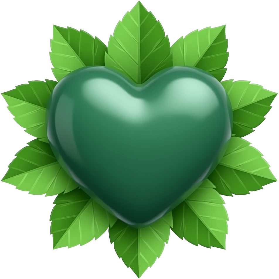 3D green heart surrounded with leaves (The Green Party style leaves), Hex Code colour: 00643b. Add a paler green reflection to the corner of the heart. Make it show success, hope, love, and unity. make sure the background is transparent emoji