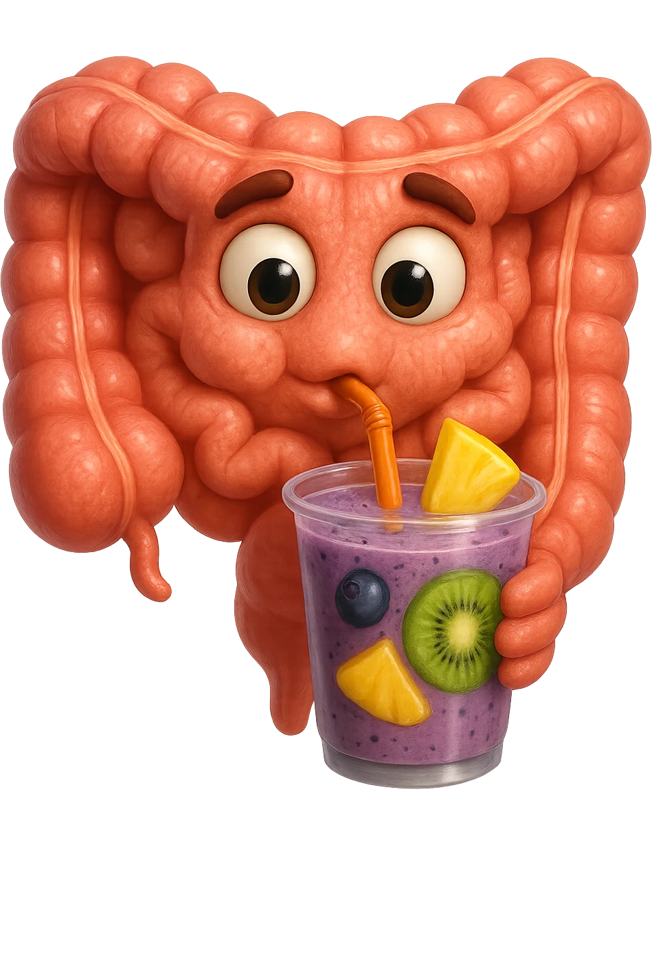EMOJI STILE IPHONE DI un intestino umano anatomico che beve un frullato di mirtilli, ananas, kiwi, fagli anche la parte bianca degli occhi, non solo le pupille, REALISTICo 4K emoji
