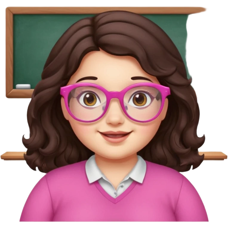 chubby English teacher cute girl face happy wavy long dark brown hair wearing pink glasses classroom background for online classes emoji