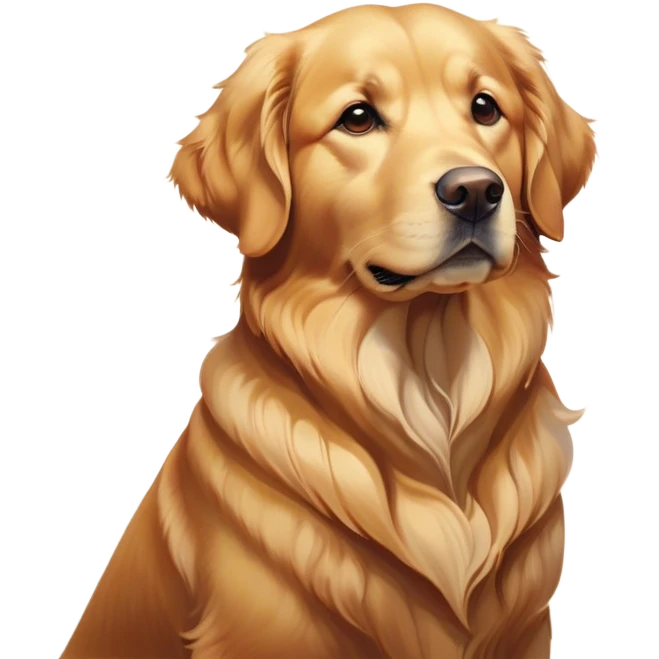 Cinematic Noble Golden Retriever Portrait Emoji, Poised and regal, with a strong, athletic build and a lustrous, well-groomed golden coat, deep-set soulful brown eyes, Simplified yet sharp and sophisticated features, highly detailed, glowing with a soft, dignified glow, high shine, intelligent and friendly, stylized with an air of warmth, focused and attentive, soft glowing outline, capturing the essence of a watchful and confident companion, so majestic it feels as though it could bound out of the screen with effortless authority! emoji