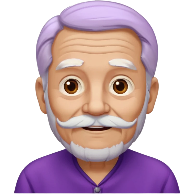 Abuelo hombre con ropa morada, ojos cafés, muchas arrugas, aspecto feliz, el pelo debe ser blanco no morado. emoji