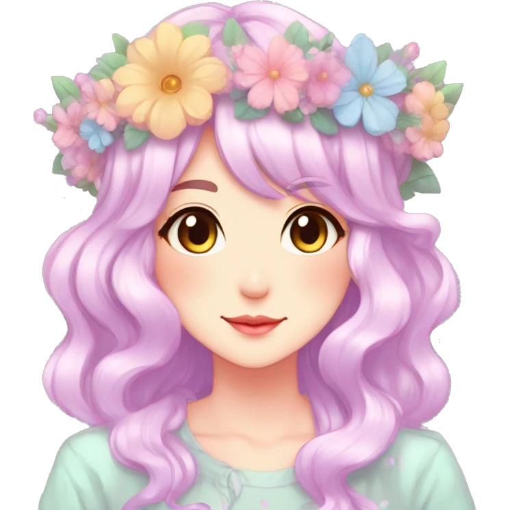 Gorgeous Shiny Colorful Pastel Anime Mature Lady with blushing face and pretty hair with a flower crown pastelcore kawaii cottagecore fairycore aesthetic trending style emoji