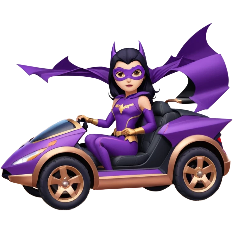 Hot full size real-appearance racing action BatGirl’s feminine midnight-purple tight outfit sixty’s tv show 1992 stealth retro cat burglar sporty petite off-road pursuit hovering hover cruiser car rose gold accents (black hair,reclined and relaxed seating position and attitude) desert emoji