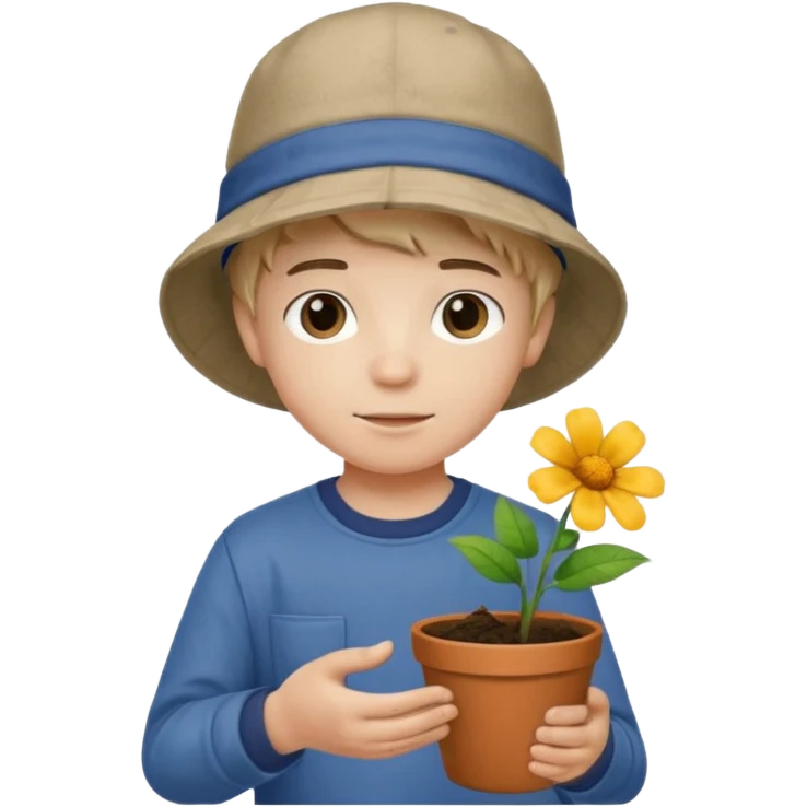 young boy wearing bucket hat, holding a flower pot emoji