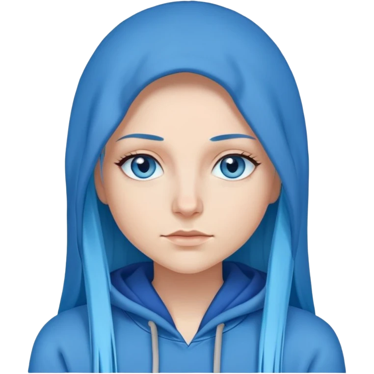 White woman with long blue straight hair and blue eyes with long eyelashes and blue hoodie that's not up emoji