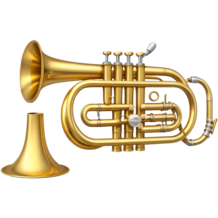 Create a sleek and polished emoji representing the Brahner trumpet. The design should feature the shiny brass body of the trumpet, with its distinct bell shape and coiled tubing. Highlight the three smooth, finger-operated valves, and the mouthpiece at the top of the instrument. The finish of the trumpet should be a rich, golden brass tone with subtle reflections, giving it a polished and professional appearance. Add musical notes or soundwaves around the bell of the trumpet to evoke its bold and brassy sound. Use golden, brass, and silver tones to emphasize the vibrant, high-quality design of the trumpet. The background should be transparent. emoji