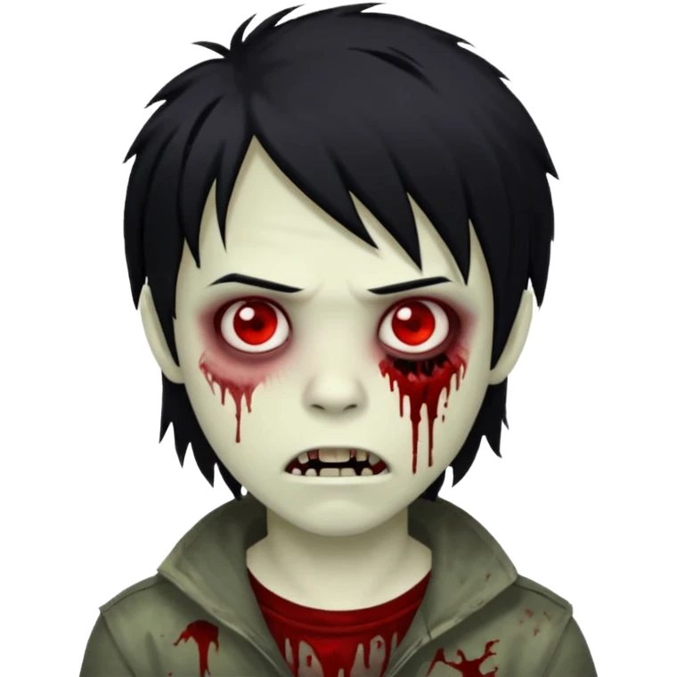 Boy, zombie, black hair, medium long, emo, shaggy, dark, spooky, creepy expression emoji And red eyes and blood on teeth emoji
